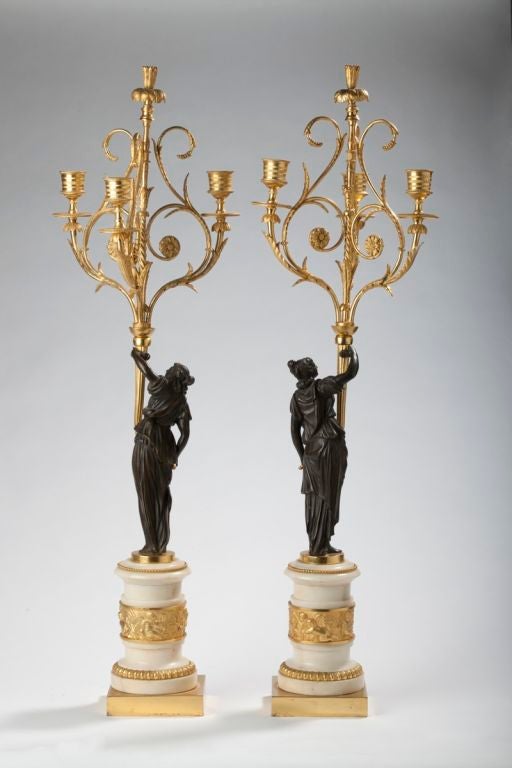 French Pair of Louis XVI Ormolu, Patinated Bronze and Marble Candelabra For Sale