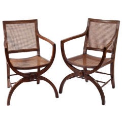 Pair of Regency Beechwood and Caned Curule-Form Armchairs