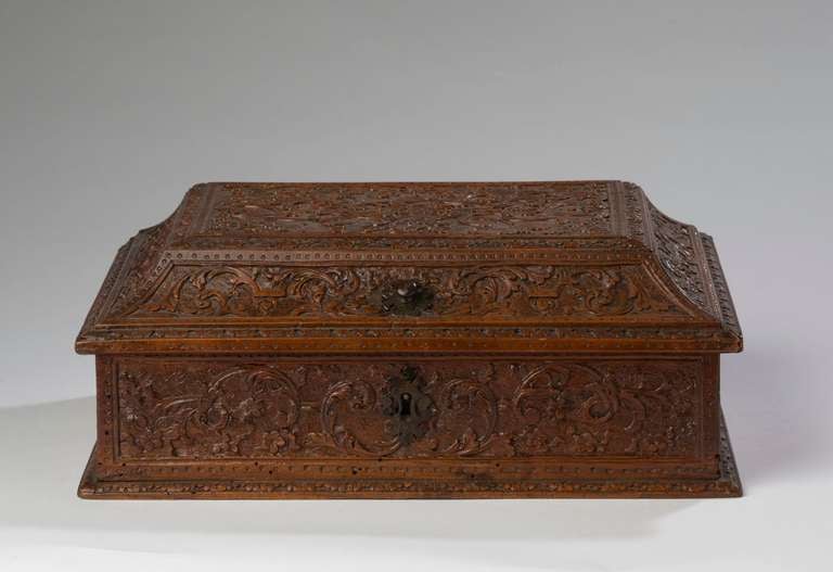 Finely carved overall with arabesques, birds and scrolls, the top centered by a cartouche.
César Bagard was born in Nancy in 1620. Most of the work known to have been carved by him was completed between 1660 and 1700. His output is recognizable by