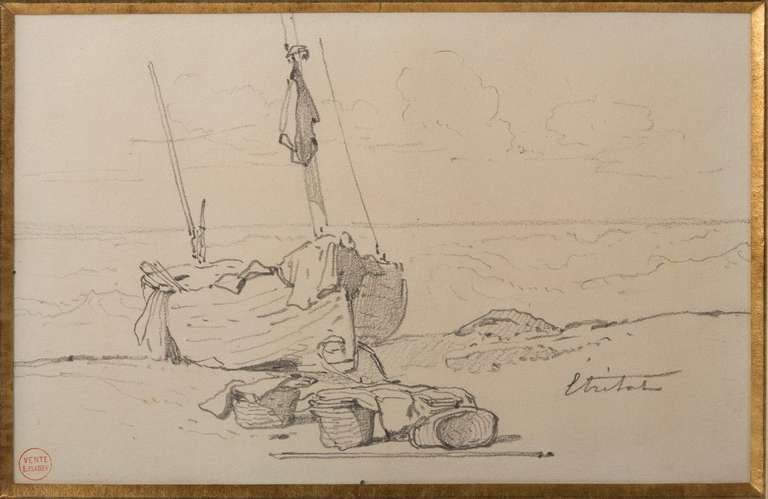 Etretat 
Stamped Vente E. Isabey; inscribed Etretat 
Graphite pencil on paper 
Louis Gabriel Eugene Isabey (French, 1803-1886) was a French Romantic painter. Isabey was well-rounded and created landscapes, portraits and historical scenes with