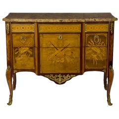 Louis XV/XVI Transitional Ormolu Mounted Marquetry Commode By Ohneberg