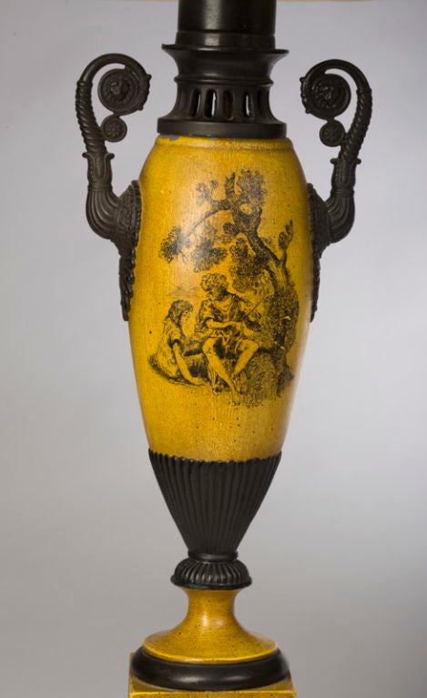 Each bearing a plaque in the front reading “Lampe a Moderateur/Par Brevet d‘Invention et de Perfectionnement“ (such a system was invented in 1837 by Franchot and consisted of an adjustable oil supply mechanism). With a romantic decor of landscape