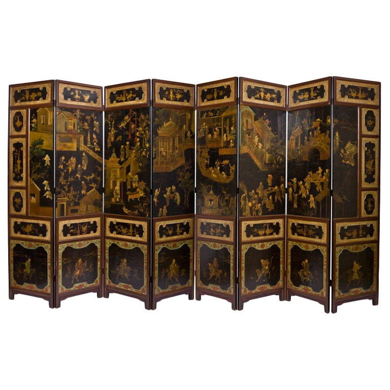 Chinese Black and Polychrome Lacquered Eight-Panel Screen For Sale