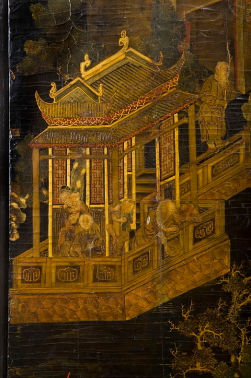 Chinese Black and Polychrome Lacquered Eight-Panel Screen In Good Condition For Sale In Kittery Point, ME