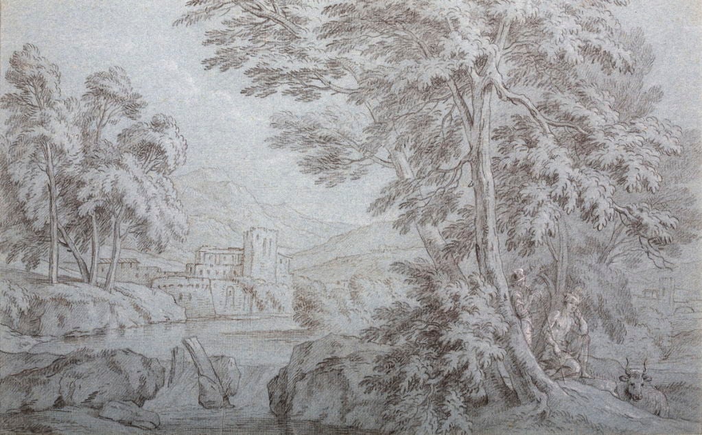 River Landscape with two shepherds. Pencil and black chalk, heightened with white, on blue paper.