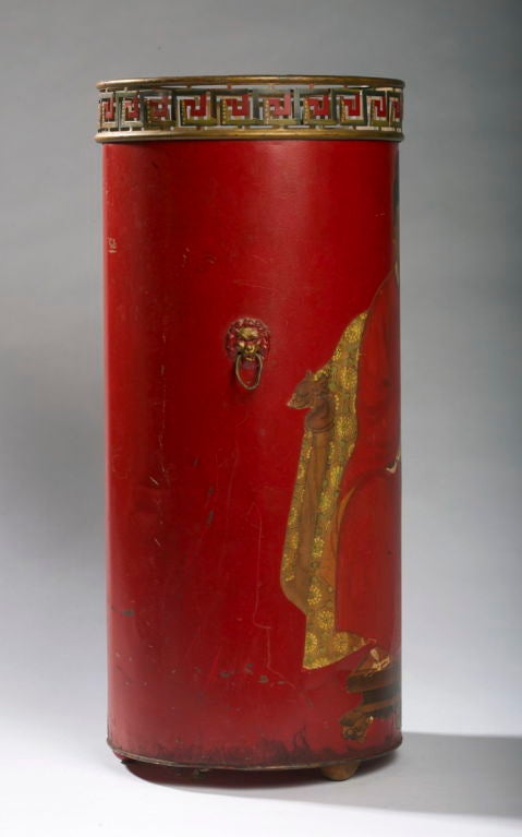 Red Tole Peinte and Decalcomania Chinoiserie Umbrella Stand In Fair Condition For Sale In Kittery Point, ME