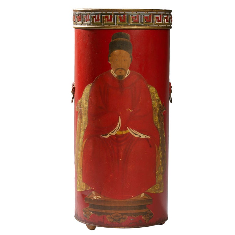 Porte-parapluies Tole Peinte et Decalcomania Chinoiserie rouge