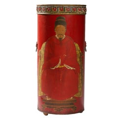Vintage Red Tole Peinte and Decalcomania Chinoiserie Umbrella Stand