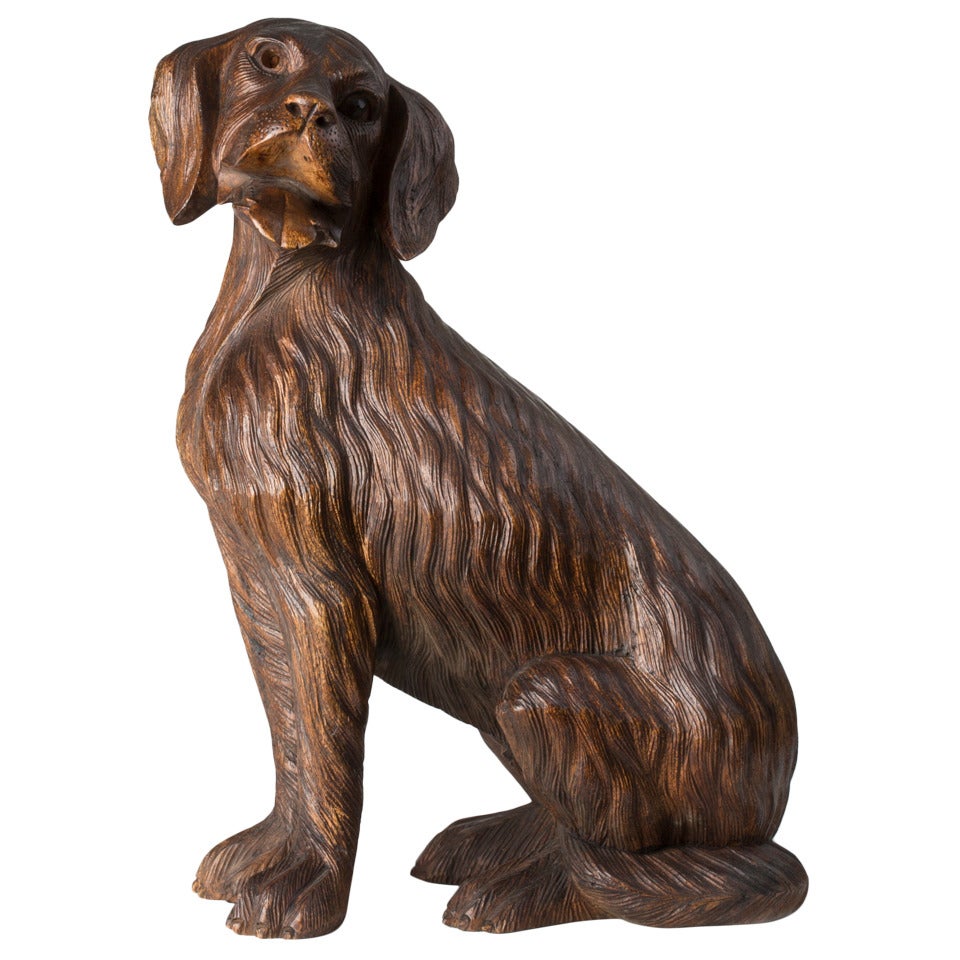 Large Black Forest Wood Carving of a Seated Dog