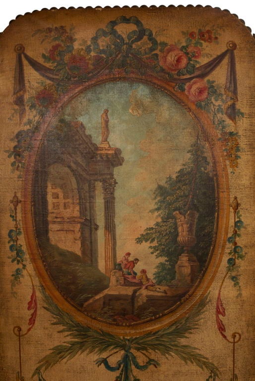 Each panel with an oval medallion depicting a capriccio scene in the style of Hubert Robert surrounded by foliate and floral garland and a musical trophy.