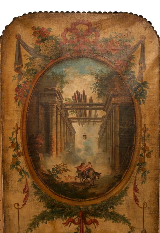 French Louis XVI Style Four-Panel Painted Canvas Floor Screen