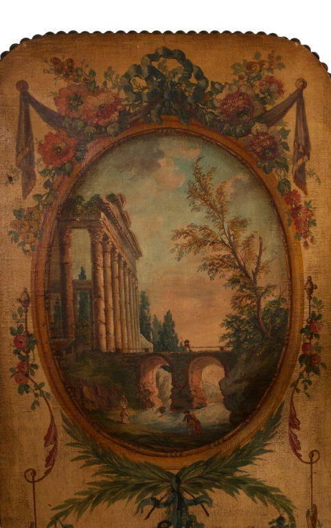 19th Century Louis XVI Style Four-Panel Painted Canvas Floor Screen