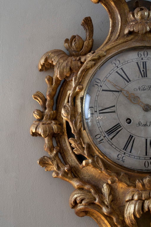 Rococo Swedish Rocaille Giltwood Wall Clock For Sale