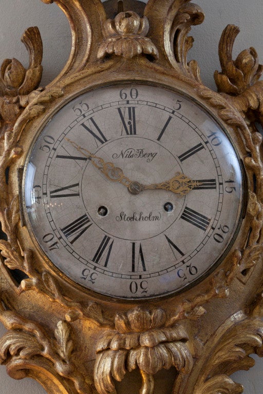 18th Century Swedish Rocaille Giltwood Wall Clock For Sale