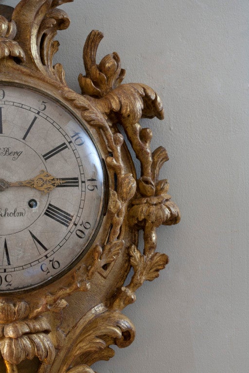 Wood Swedish Rocaille Giltwood Wall Clock For Sale