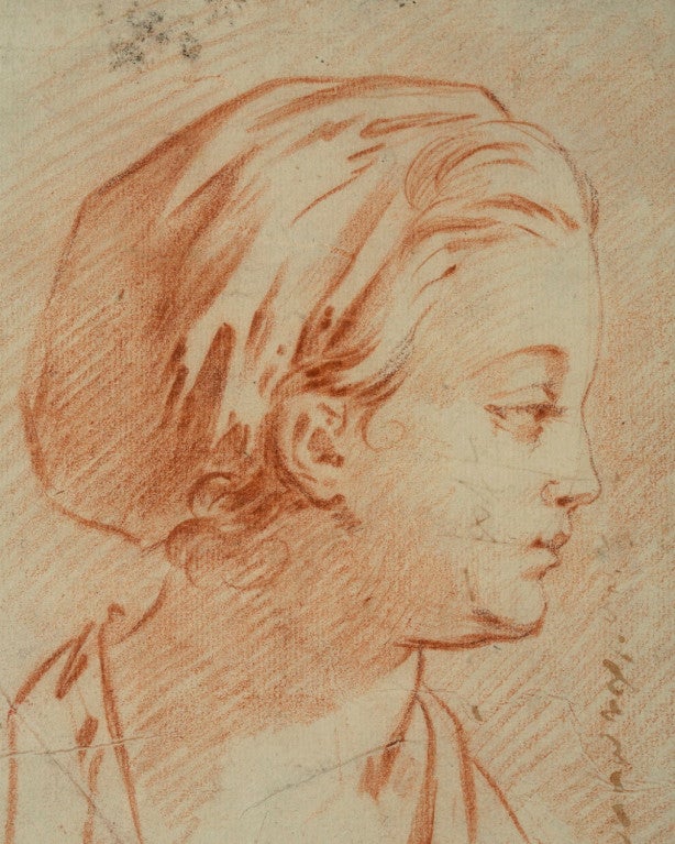 Tête d'un garçon portant une casquette
Craie rouge sur papier vergé
Le revers est inscrit à l'encre avec une colonne de chiffres et de sommes, le dos est inscrit 
