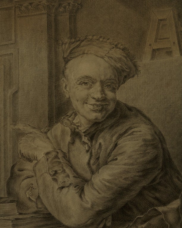 Self Portrait Laughing, where Quentin de La Tour represents himself bust-length and pointing to the leftdrawing (Autoportrait à la croisée).