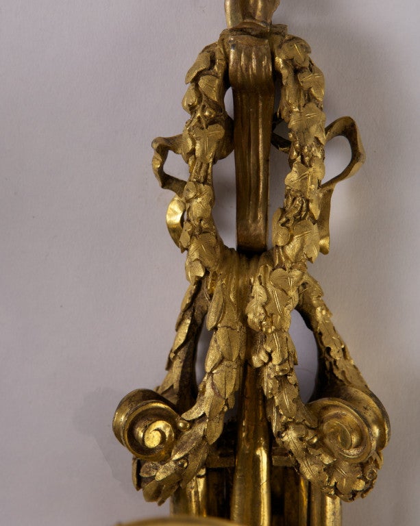 Rare Pair of Louis XVI Style Gilt Bronze Three-Light Sconces For Sale 2