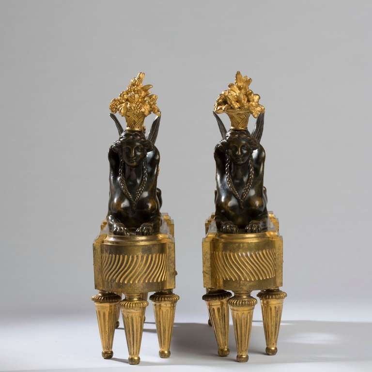 French Pair of Louis XVI Gilt and Patinated Bronze Sphinx Chenets For Sale