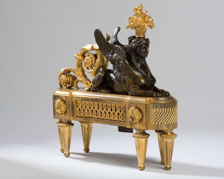 Pair of Louis XVI Gilt and Patinated Bronze Sphinx Chenets In Excellent Condition For Sale In Kittery Point, ME