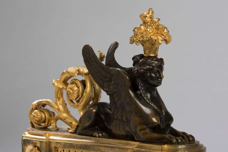 Pair of Louis XVI Gilt and Patinated Bronze Sphinx Chenets For Sale 2