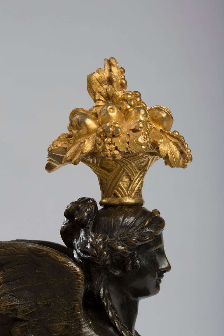 Pair of Louis XVI Gilt and Patinated Bronze Sphinx Chenets For Sale 3