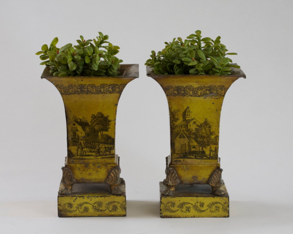 French Pair of Empire Yellow Tole Peinte Cache Pots