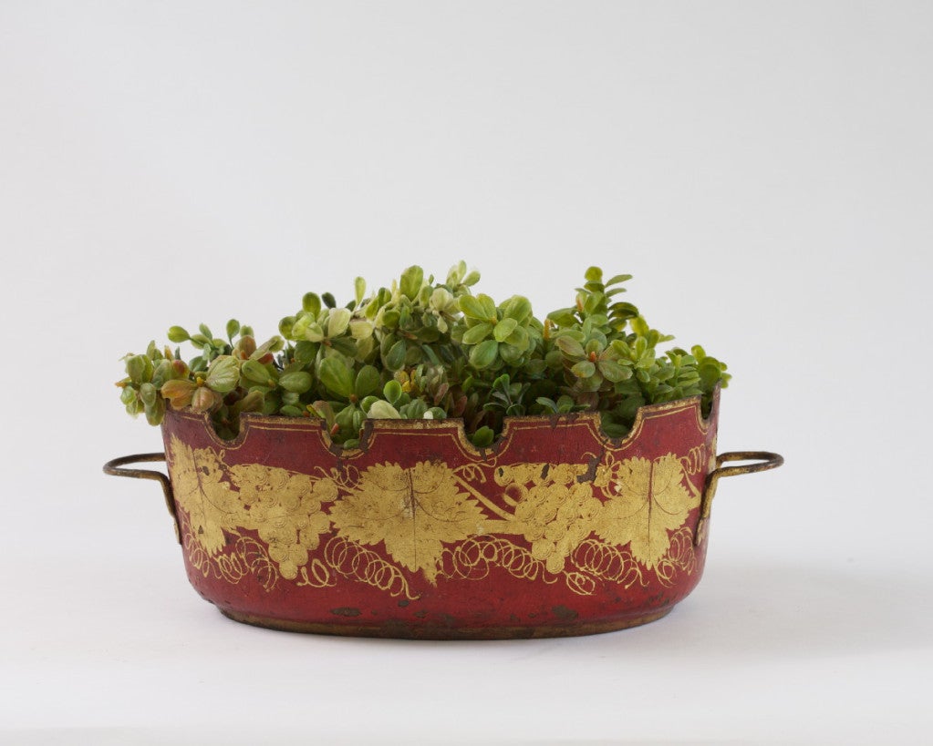 Of typical oval shape and decorated with a frieze of gilt grapes and vine leaves on a red background.