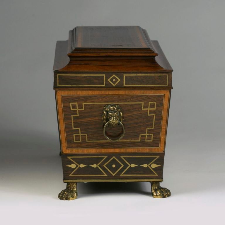 English Rare Regency Brass Inlaid Rosewood Tea Caddy with Secret Drawer For Sale