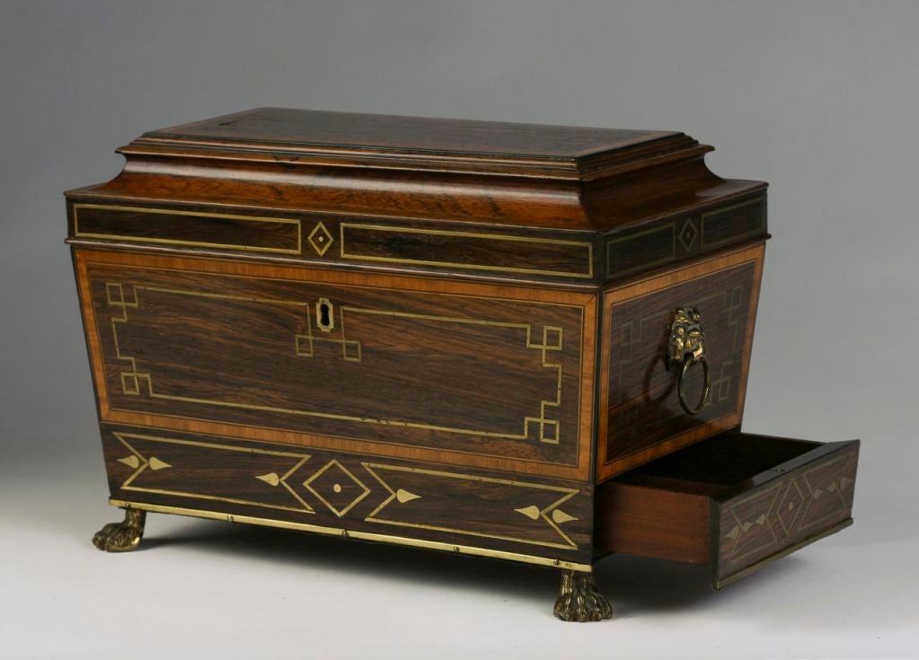 Wood Rare Regency Brass Inlaid Rosewood Tea Caddy with Secret Drawer For Sale