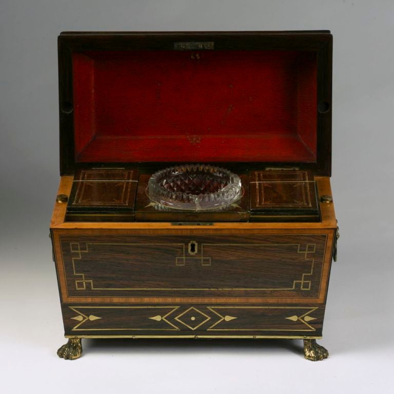 Rare Regency Brass Inlaid Rosewood Tea Caddy with Secret Drawer For Sale 1