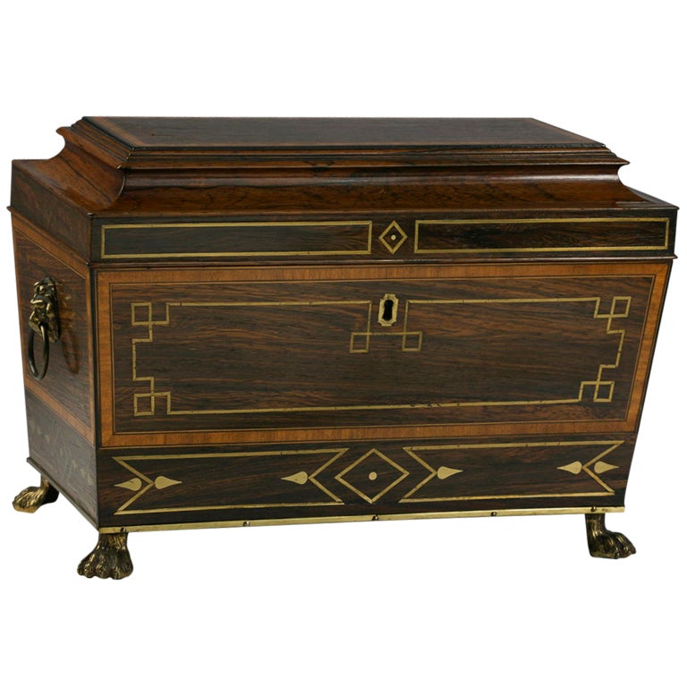 Rare Regency Brass Inlaid Rosewood Tea Caddy with Secret Drawer For Sale