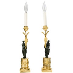 Pair of Directoire Ormolu and Patinated Bronze Candlesticks