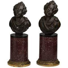 Pair of Italian Patinated Bronze Putti on Gilt Bronze-Mounted Porphyry Bases 5