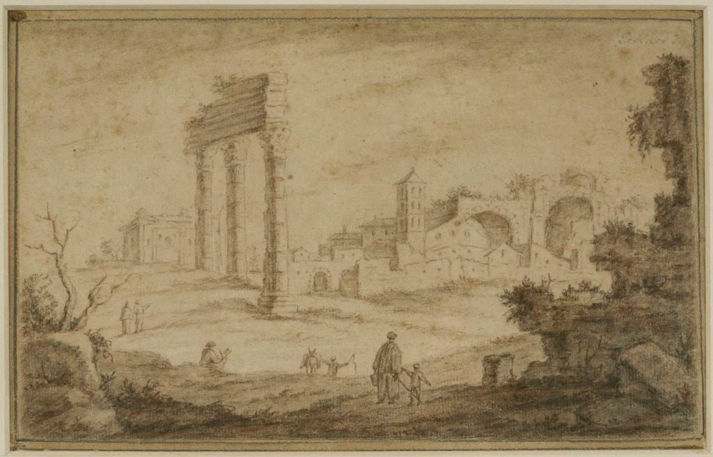 Ancient Ruins with Strollers.
Brown wash and graphite.