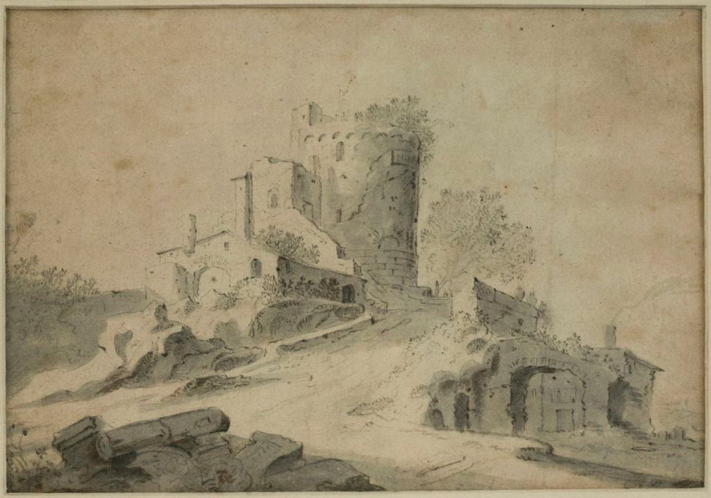 Drawing, Attributed to Bartholomeus Breenbergh (Deventer 1598-1657 Amsterdam).
Ruins of an old fort on a hilltop inscribed 'A. no.2'
black chalk, pen and brown ink, grey wash, pen and brown ink framing lines.