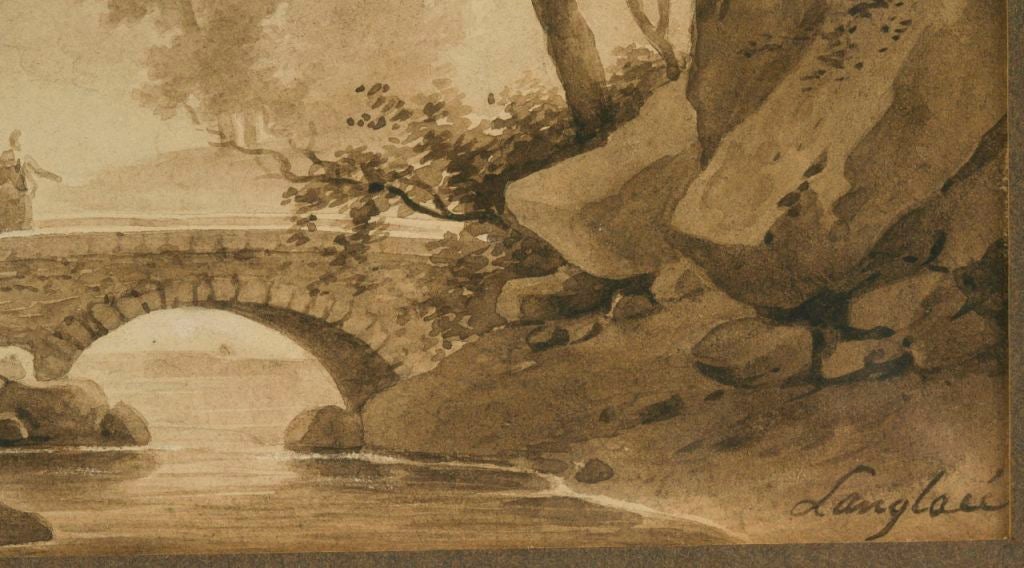 Moutaineous Landscape with Bridge over a River
Signed lower right by Jean-Baptiste Gabriel Langlace (1786-1864)
Brown wash on paper.