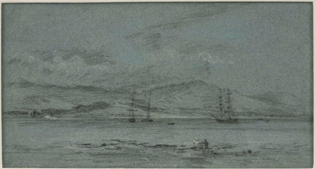 Bay in Twilight, charcoal on blue paper. Provenance, Sir Edwin A.G. Manton.