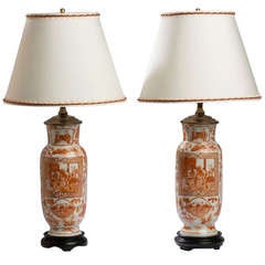 Pair of Chinese Export Porcelain Gilt and Orange Ground Vases Mounted as Lamps