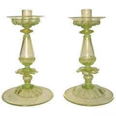 Pair of Venetian Hand Blown Green and Gold Glass Candlesticks