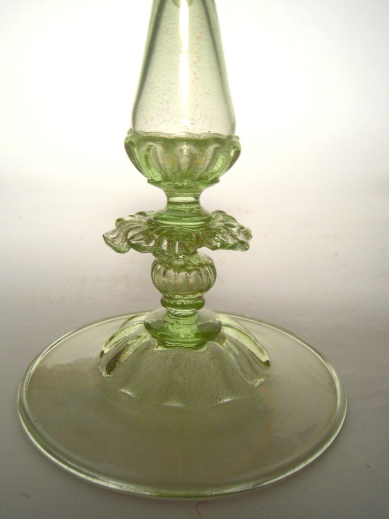 Pair of Venetian Hand Blown Green and Gold Glass Candlesticks
