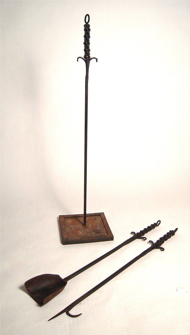 Arts and Crafts Unusual Wrought Iron Fireplace Tool Set