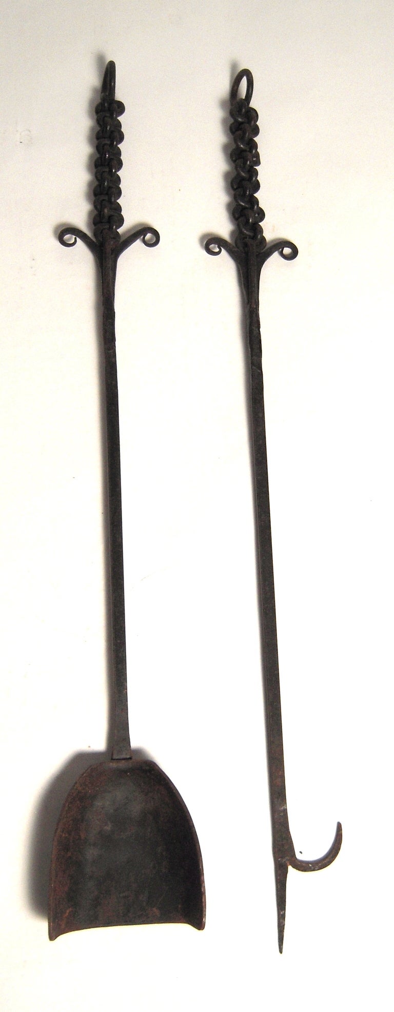 American Unusual Wrought Iron Fireplace Tool Set