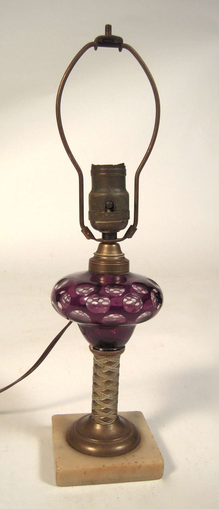 Brass Amethyst Cut to Clear Glass Whale Oil Lamp