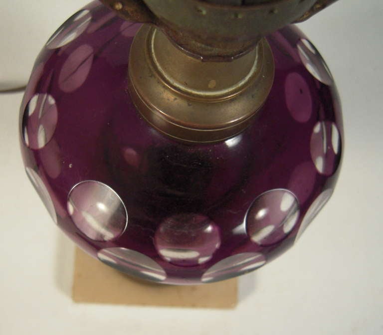 19th Century Amethyst Cut to Clear Glass Whale Oil Lamp