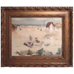 Atmospheric Watercolor Beach Scene Painting circa 1943