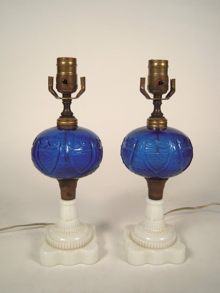 Pair of 19th Century Patriotic Cobalt Glass Lamps In Excellent Condition In Essex, MA