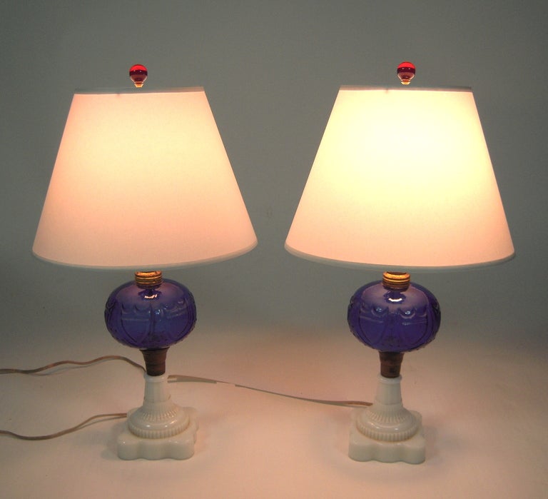 Pair of 19th Century Patriotic Cobalt Glass Lamps 2