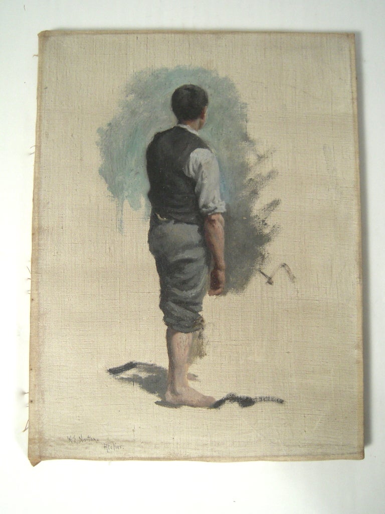 Three oil on canvas figural studies by celebrated American marine artist William Edward Norton (1843-1916), each featuring a male figure in shades of blue, grey, taupe and black, on a white field, certainly preparatory  studies for inclusion in a