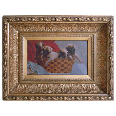 Antique 19th Century Painting of Four Pug Puppies in a Basket in Period Frame